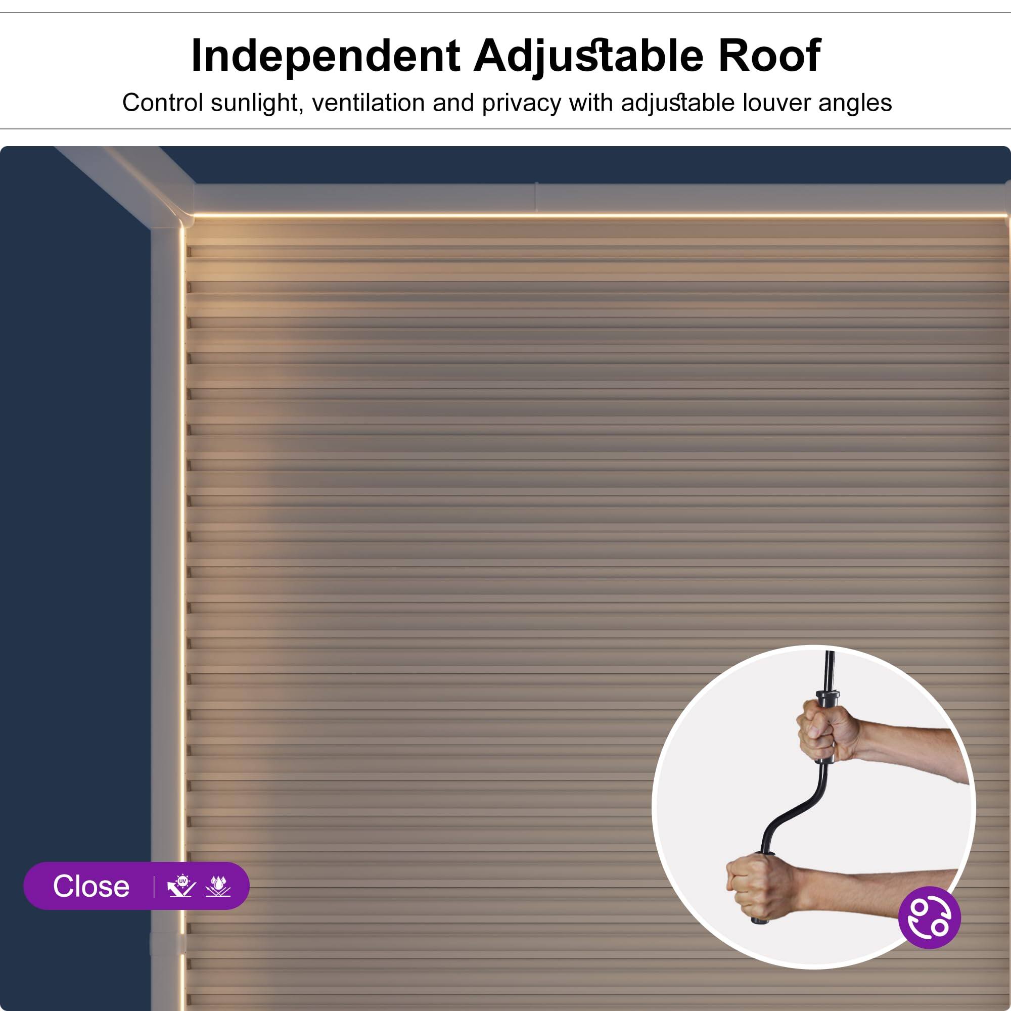 Independent Adjustable Roof  
Control sunlight, ventilation and privacy with adjustable louver angles  

Close