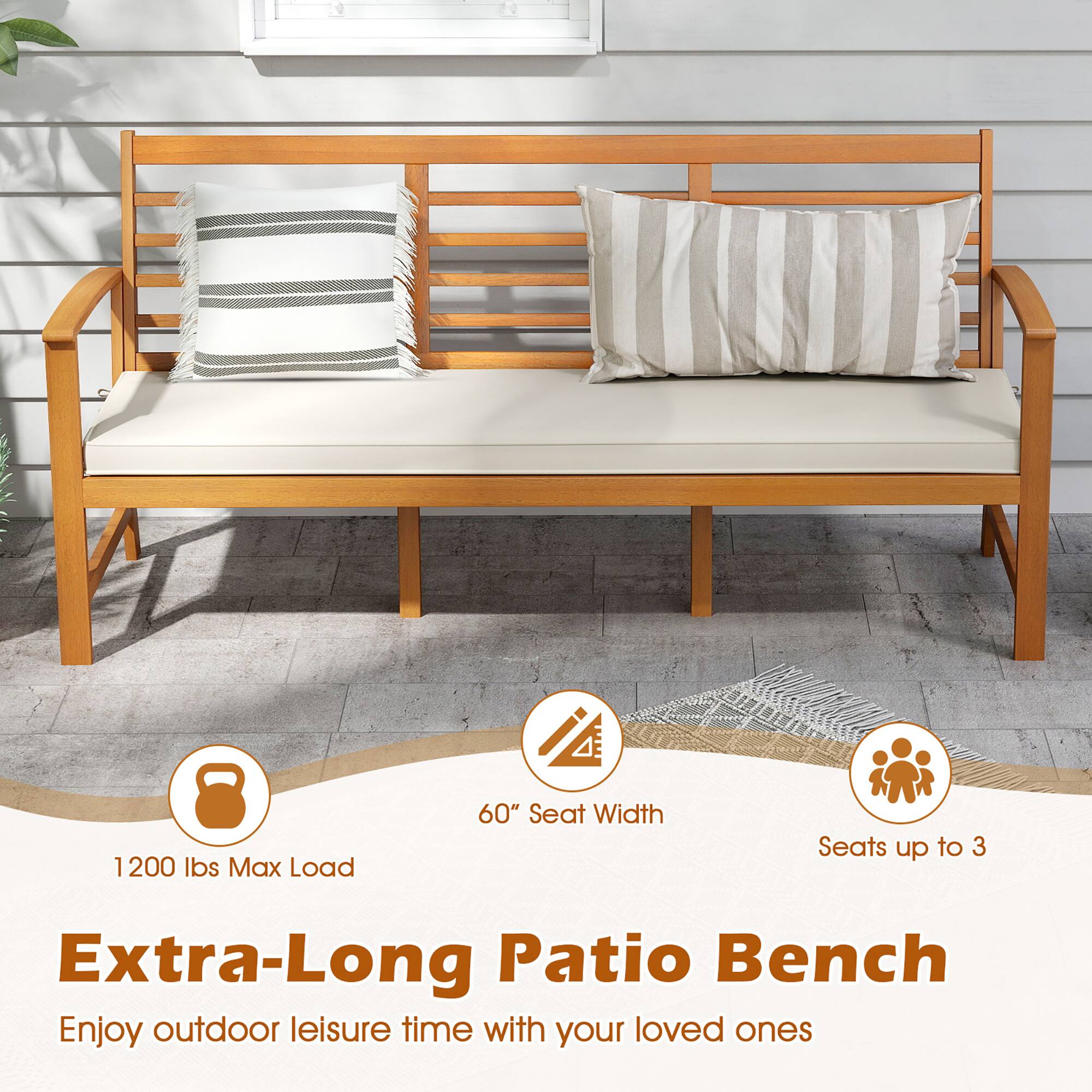 Extra-Long Patio Bench, 1200 lbs Max Load, 60" Seat Width, Seats up to 3, Enjoy outdoor leisure time with your loved ones