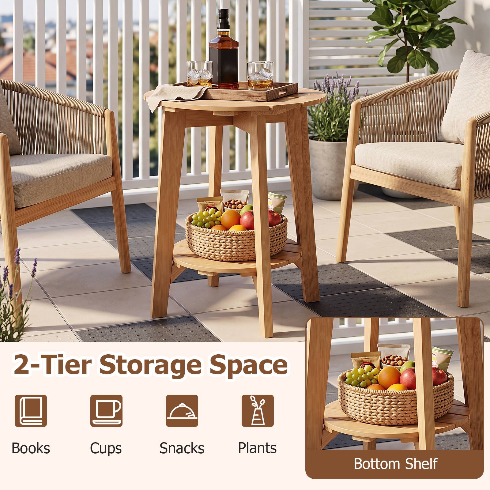 2-Tier Storage Space

Books  
Cups  
Snacks  
Plants  
Bottom Shelf