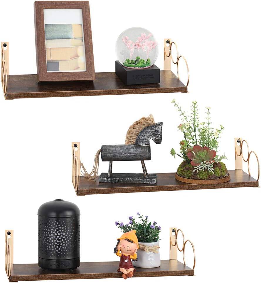 Front. Oumilen - 3 Pack Floating Wall Shelves – Rustic Brown Wood with Gold Metal Circle Brackets for Home Decor - Rustic Brown.