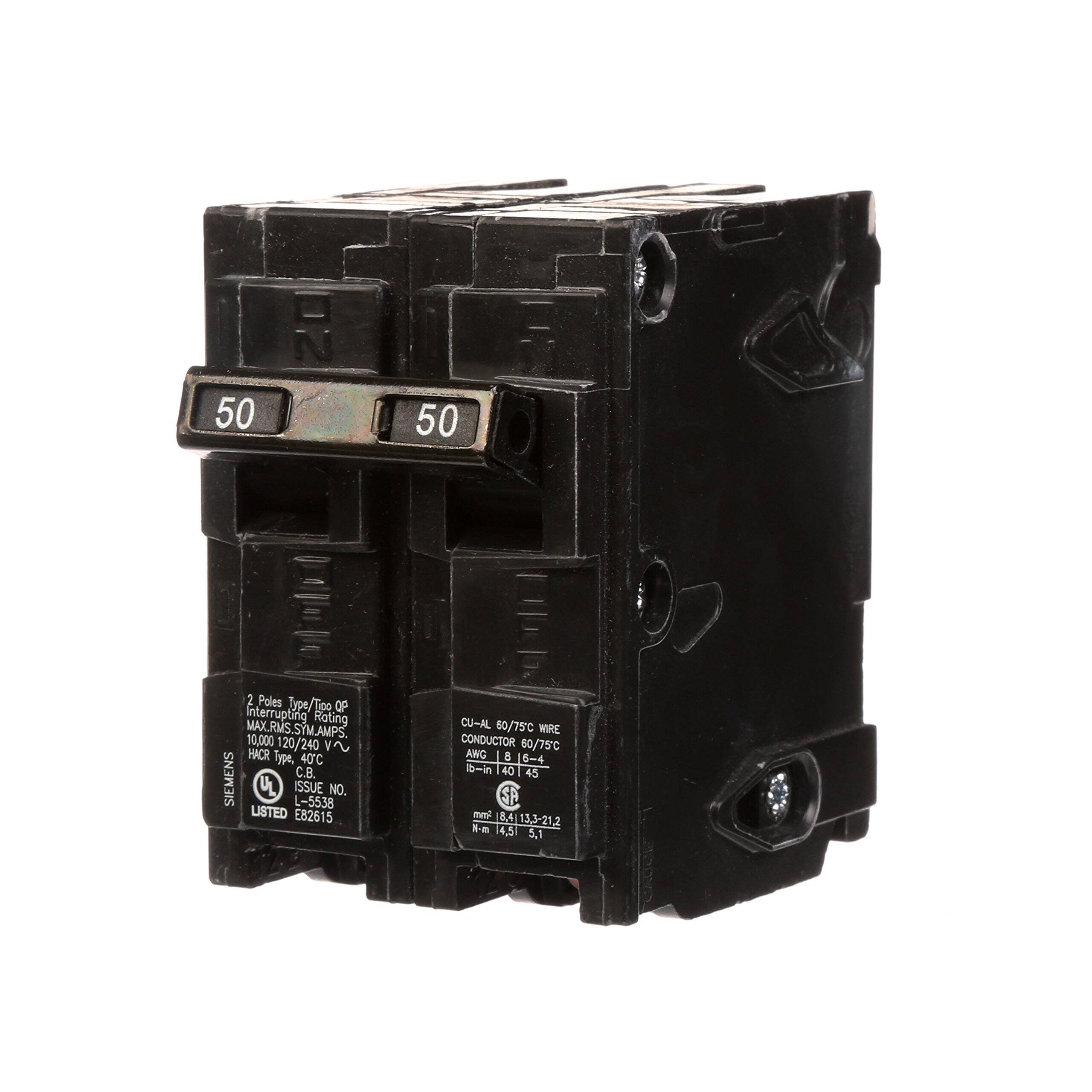 50  
50  
2 Poles Type/Tipo QP Interrupting Roting MAX.RMS.SYM.AMPS. 10,000 HACR 120/240 Vn Type, 40C SIEMENS C.B. UL ISSUE NO. L-5538 LISTED EB2615  
CU-AL 60/75C WIRE CONDUCTOR 60/75C AWG 8 16-4 Ib-in 40 45 from (8,4) 13,3-21,2 N-m 4,5l 5,1