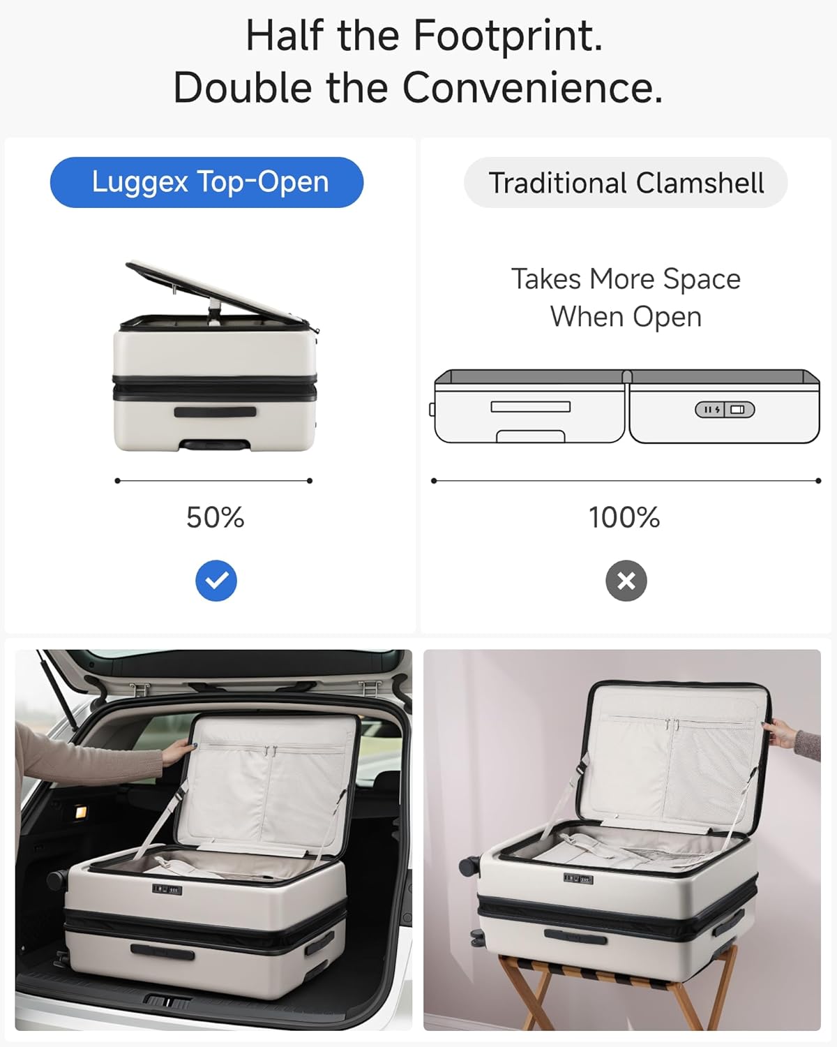 Half the Footprint. Double the Convenience.

Luggex Top-Open

Traditional Clamshell

Takes More Space When Open

50% ✔️

100% ❌