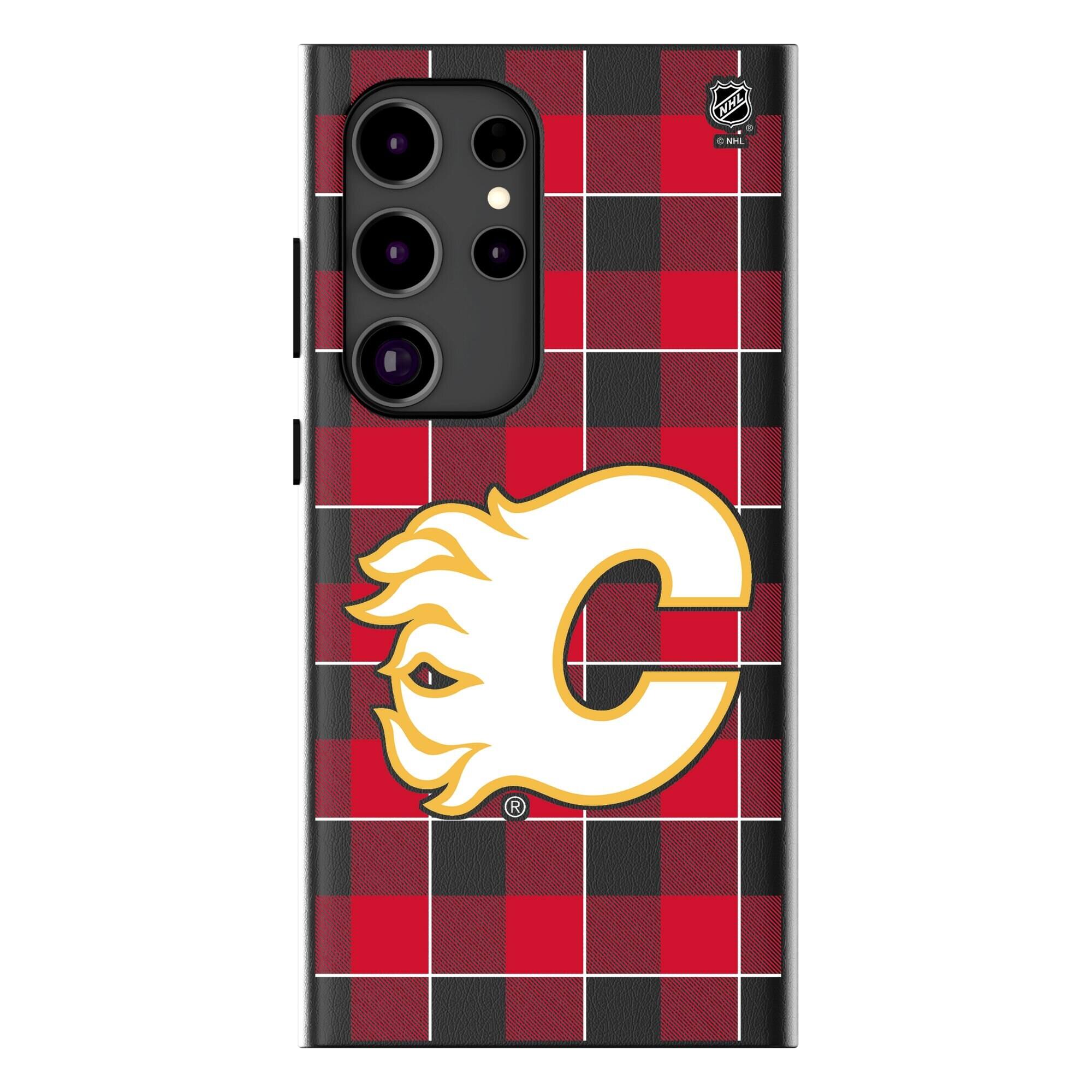 Front. Keyscaper - Calgary Flames Plaid Galaxy Magnetic Bump Case - S25 - Black.