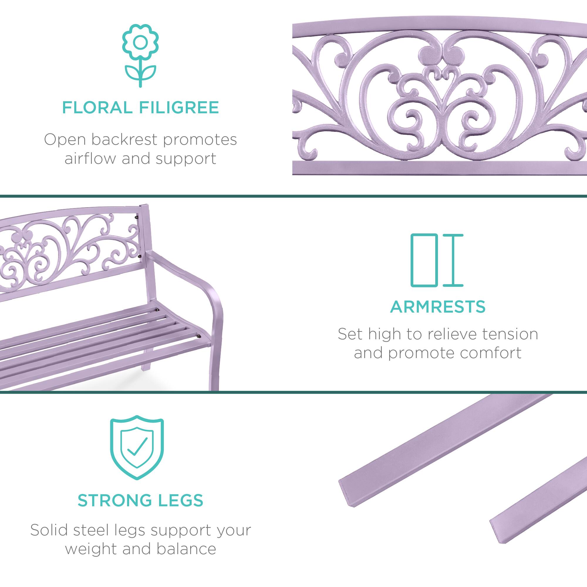 FLORAL FILIGREE  
Open backrest promotes airflow and support  

ARMRESTS  
Set high to relieve tension and promote comfort  

STRONG LEGS  
Solid steel legs support your weight and balance