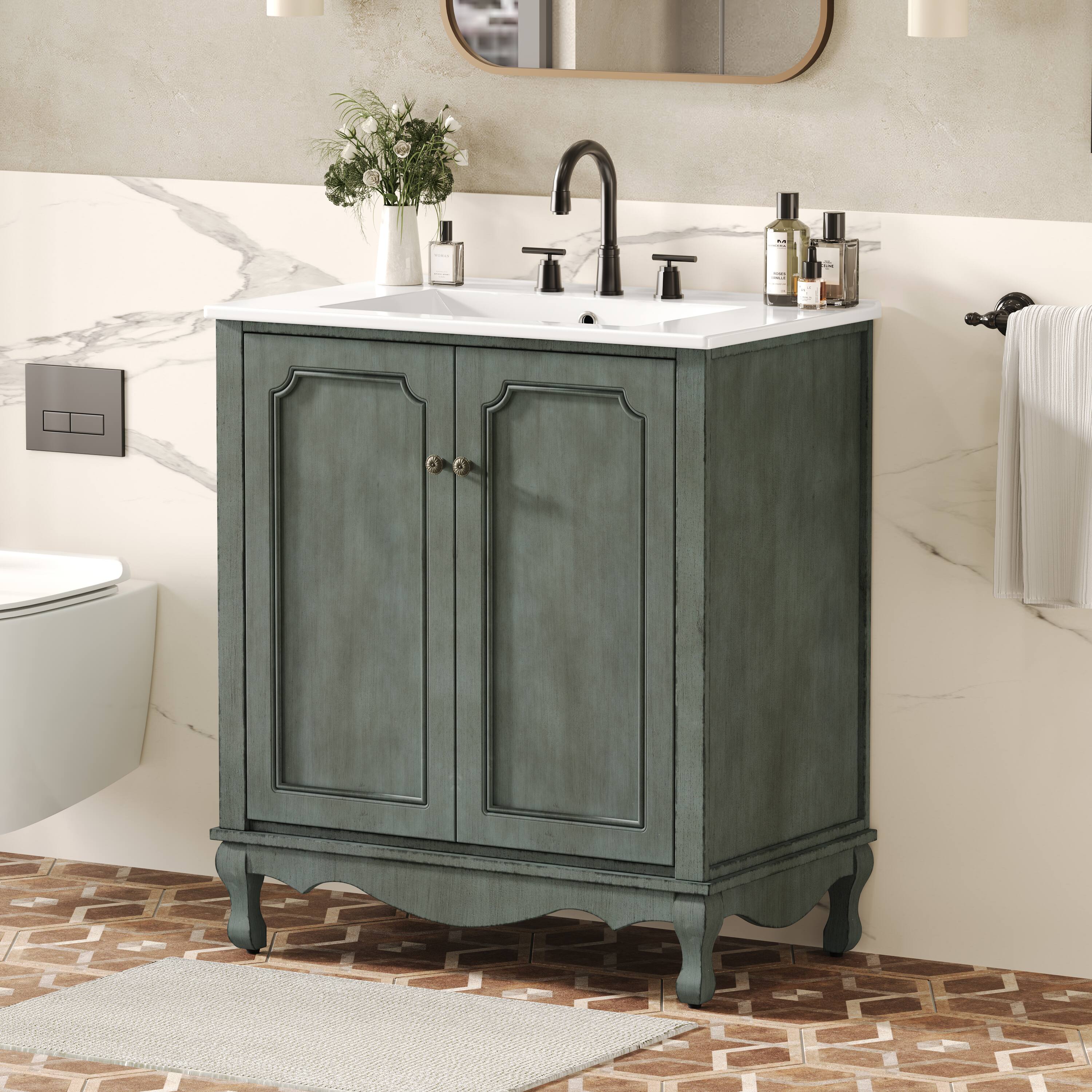 Left. Loheer - 2.5 ft Vintage Bathroom Vanity with Ceramic Sink, Adjustable Shelves, Antique Teal for Bath - Antique blue green,Teal.