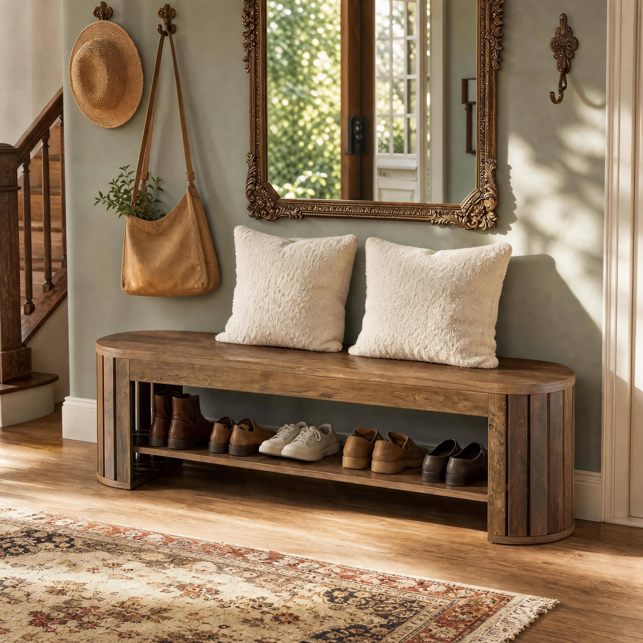 Left. Tribesigns - 63" 2-Tier Wooden Shoe Storage Bench - Brown.