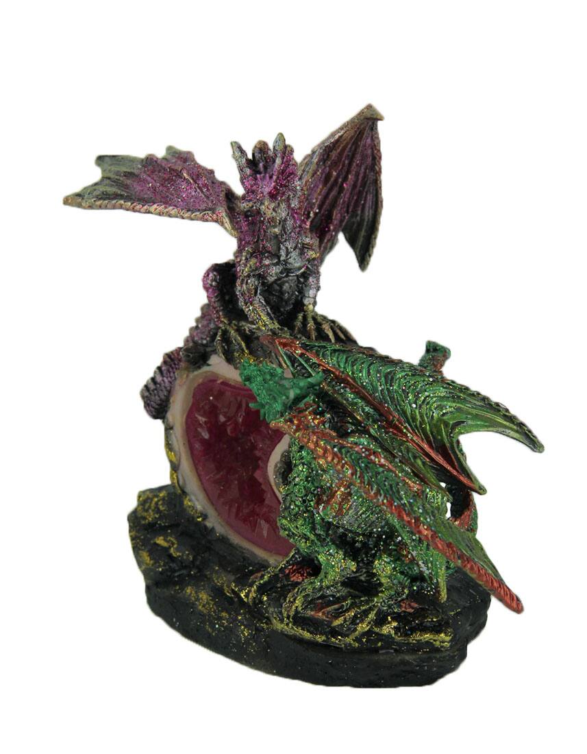 Alt View 1. Zeckos - Purple and Green Battle Dragons Gothic Color Changing LED Geode Statue - Green.