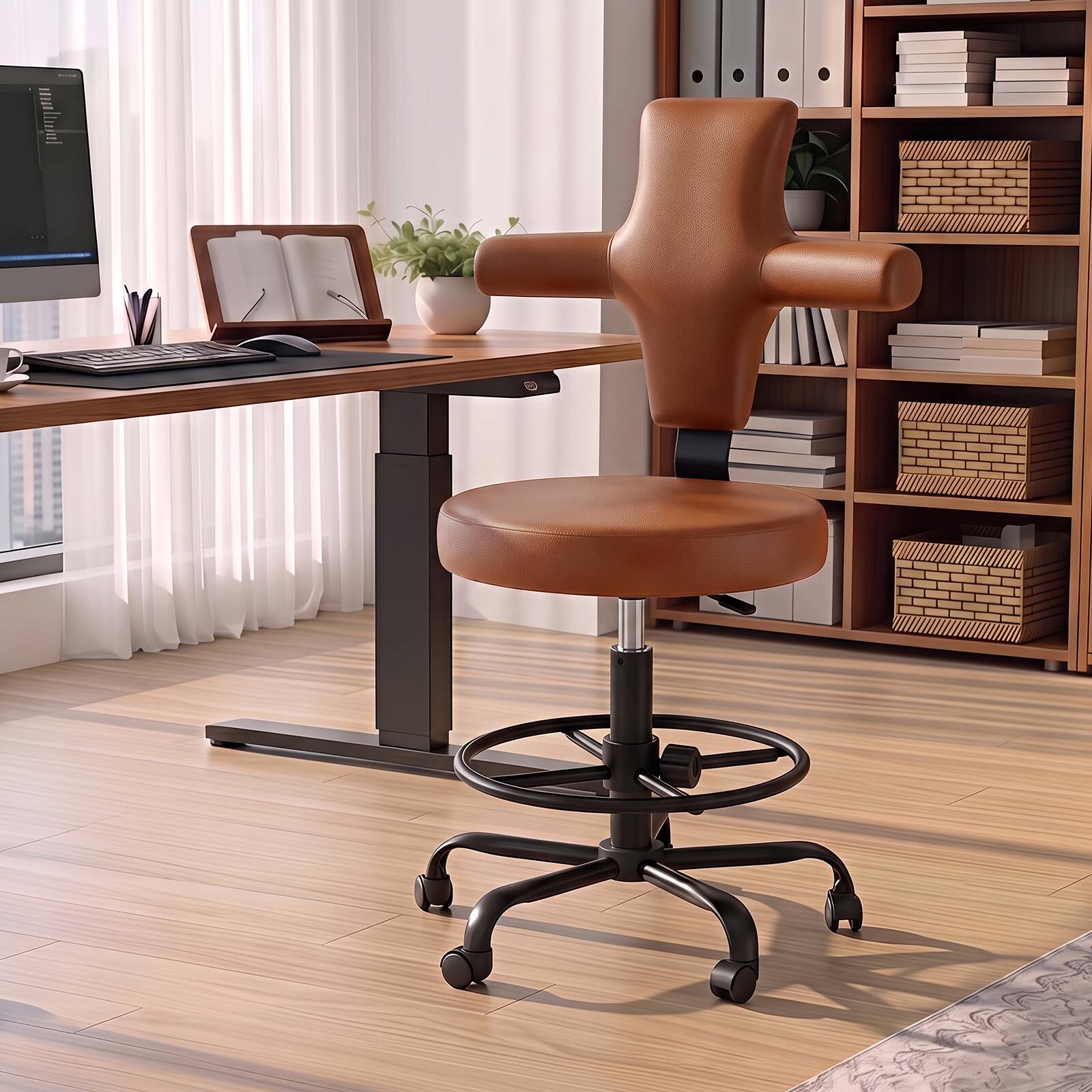 Alt View 1. Pinmoco - PINMOCO Adjustable Drawing Chair with Cross Back Design and Swivel Foot Ring - Browm.