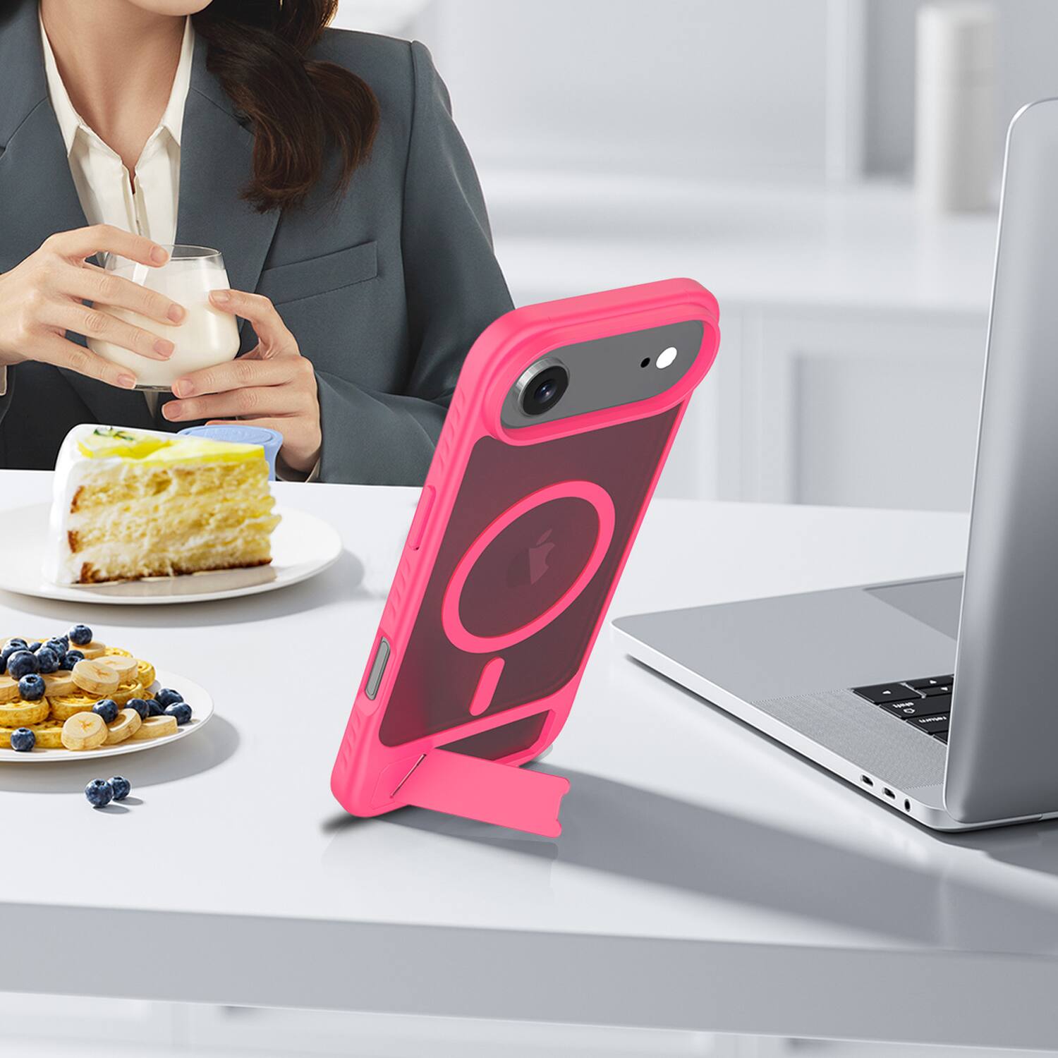 Alt View 3. Dteck - for Apple iPhone Air Translucent Matte Case,Shockproof Stand Slim Mag Safe Cover with Glass Screen Protector - Rose.