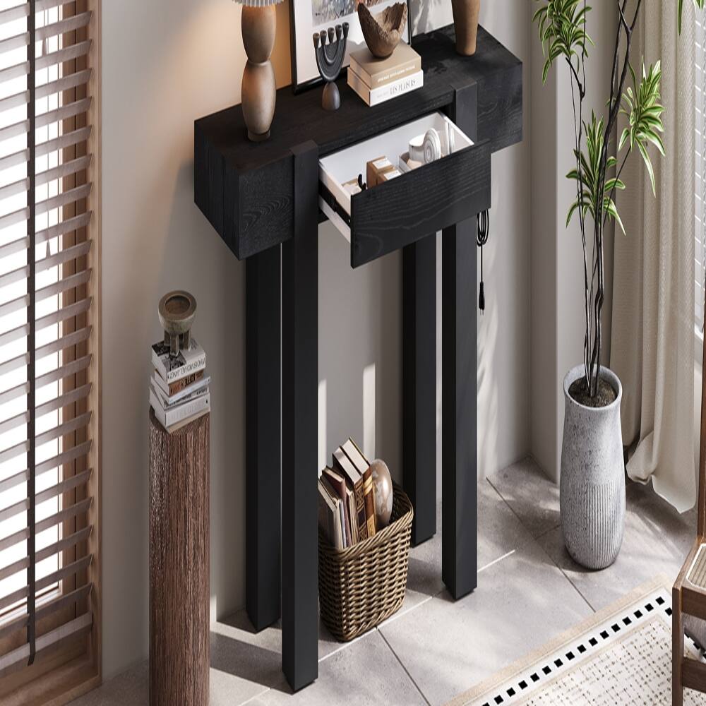 Back. Loheer - Loheer Black Rustic Console Table with Power Outlet, Solid Wood Entryway Table with Hidden Drawer - Black.