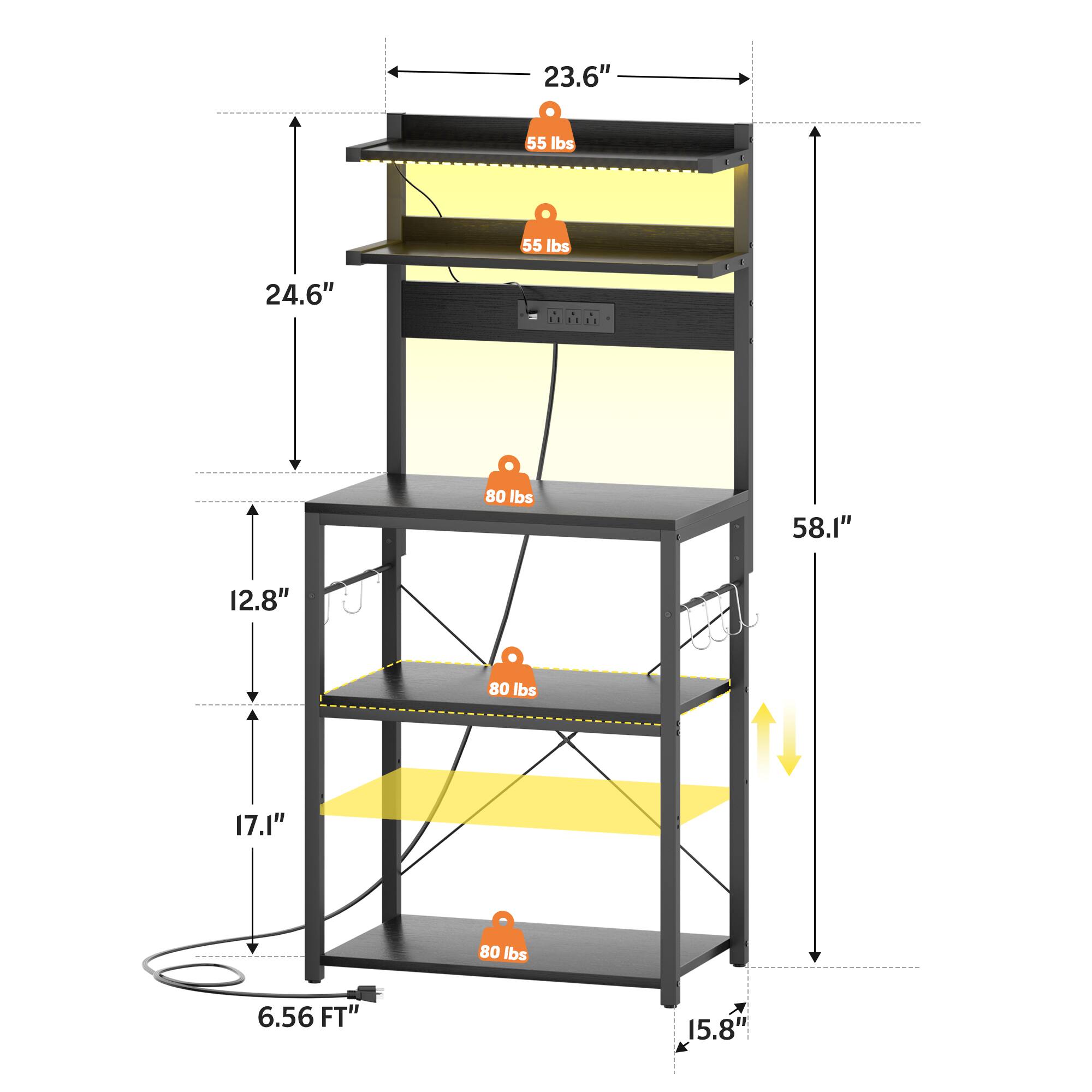 23.6"  
55 lbs  
24.6"  
55 lbs  
12.8"  
80 lbs  
58.1"  
17.1"  
80 lbs  
6.56 FT"  
15.8"