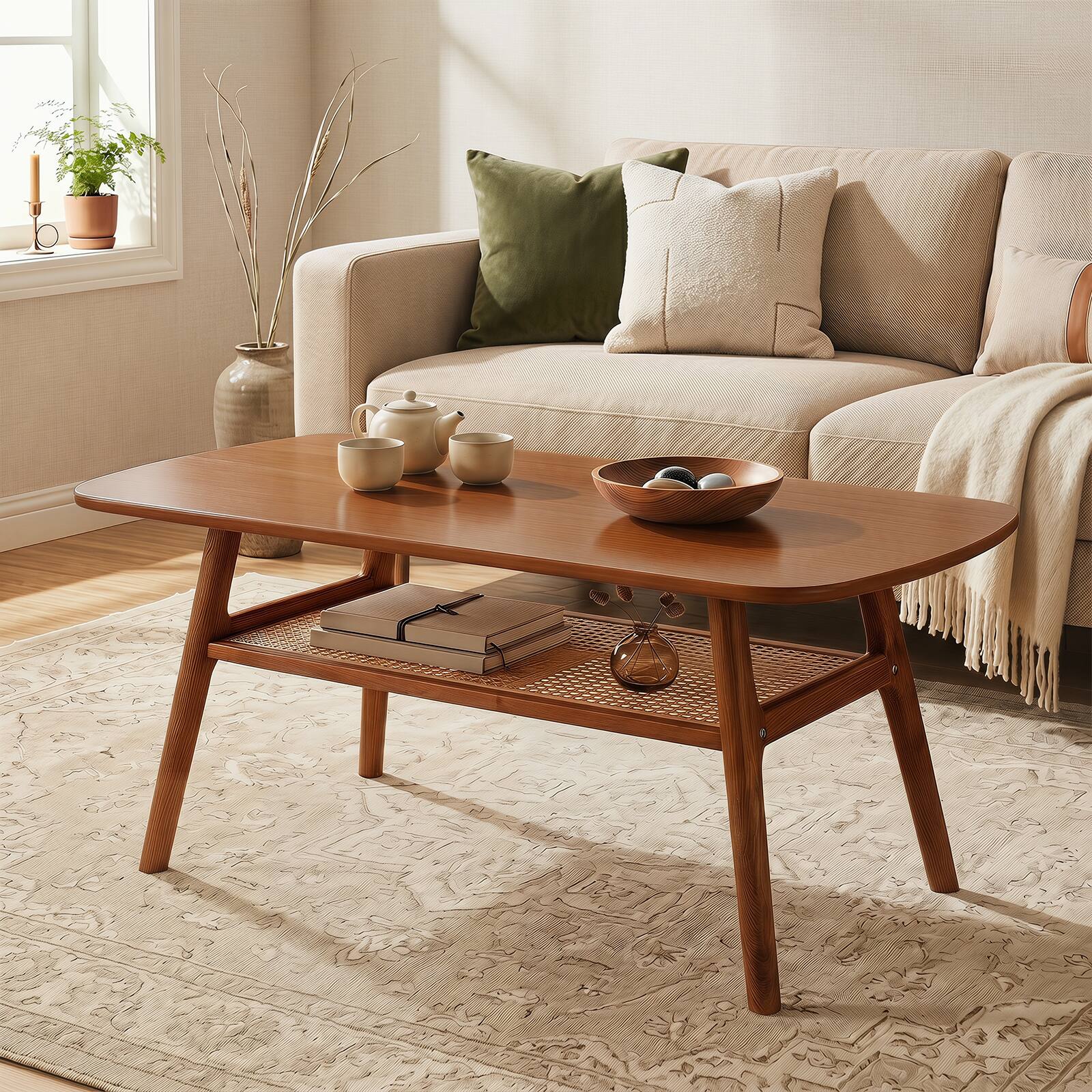 Alt View 1. Gymax - Gymax Boho Rattan Coffee Table 2-Tier Accent Table w/Rounded Corners Storage Shelf Walnut - Brown.