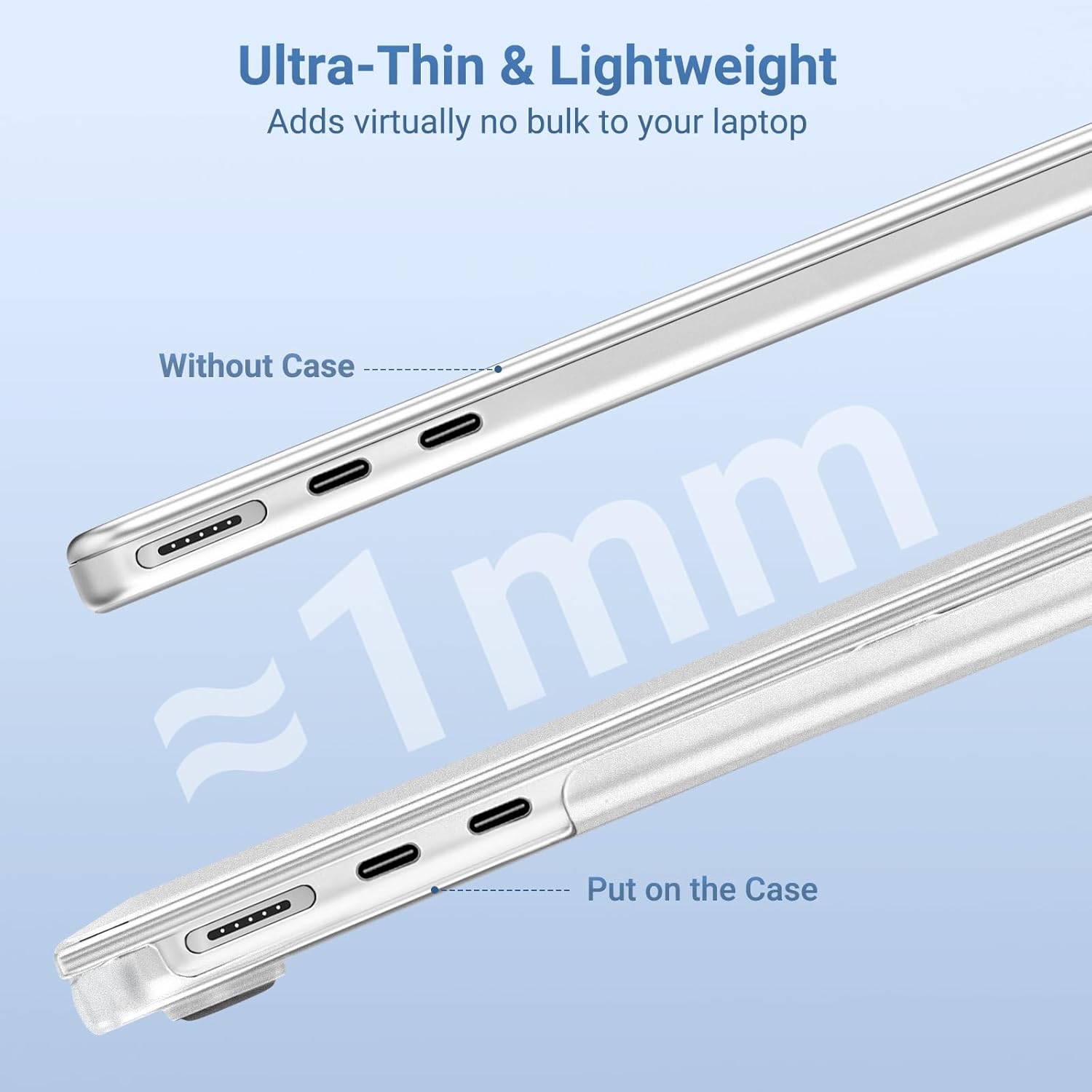 Ultra-Thin & Lightweight  
Adds virtually no bulk to your laptop  

Without Case  
~1mm  
Put on the Case
