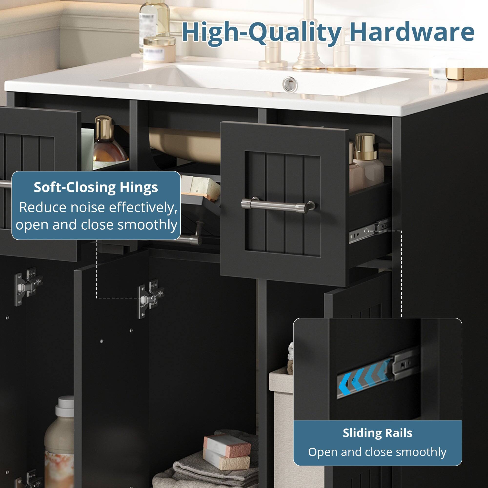 High-Quality Hardware

Soft-Closing Hinges
Reduce noise effectively, open and close smoothly

Sliding Rails
Open and close smoothly