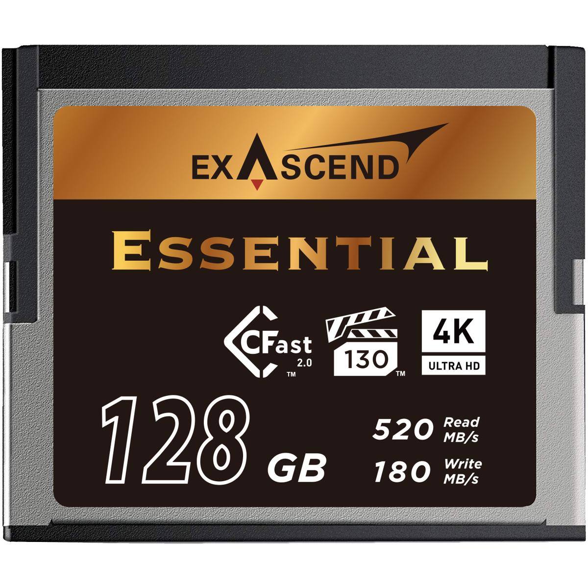 EXASCEND  
ESSENTIAL  
CFast 4K 2.0 130 ULTRA HD  
128 GB  
Read 520 MB/s  
Write 180 MB/s