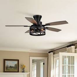 Siljoy - 42‑Inch Farmhouse Caged Flush Mount Ceiling Fan with Light 5‑Blade App & Remote Controlled for Living Room Bedroom - Classic Black