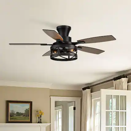 Front. Siljoy - 42‑Inch Farmhouse Caged Flush Mount Ceiling Fan with Light 5‑Blade App & Remote Controlled for Living Room Bedroom - Classic Black.
