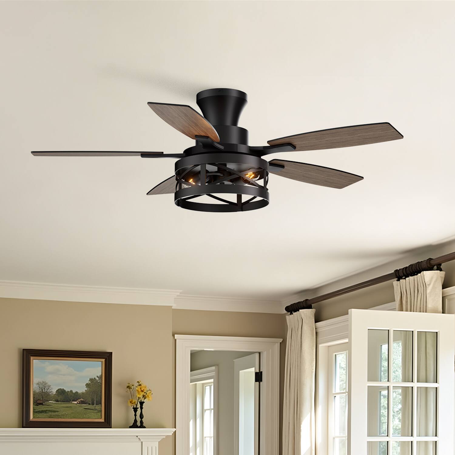 Front. Siljoy - 42-inch Farmhouse Cage Flush Mount Ceiling Fan with Light 5 Blades DC Motor App Remote for Living Room Bedroom Kitchen - Classic Black.