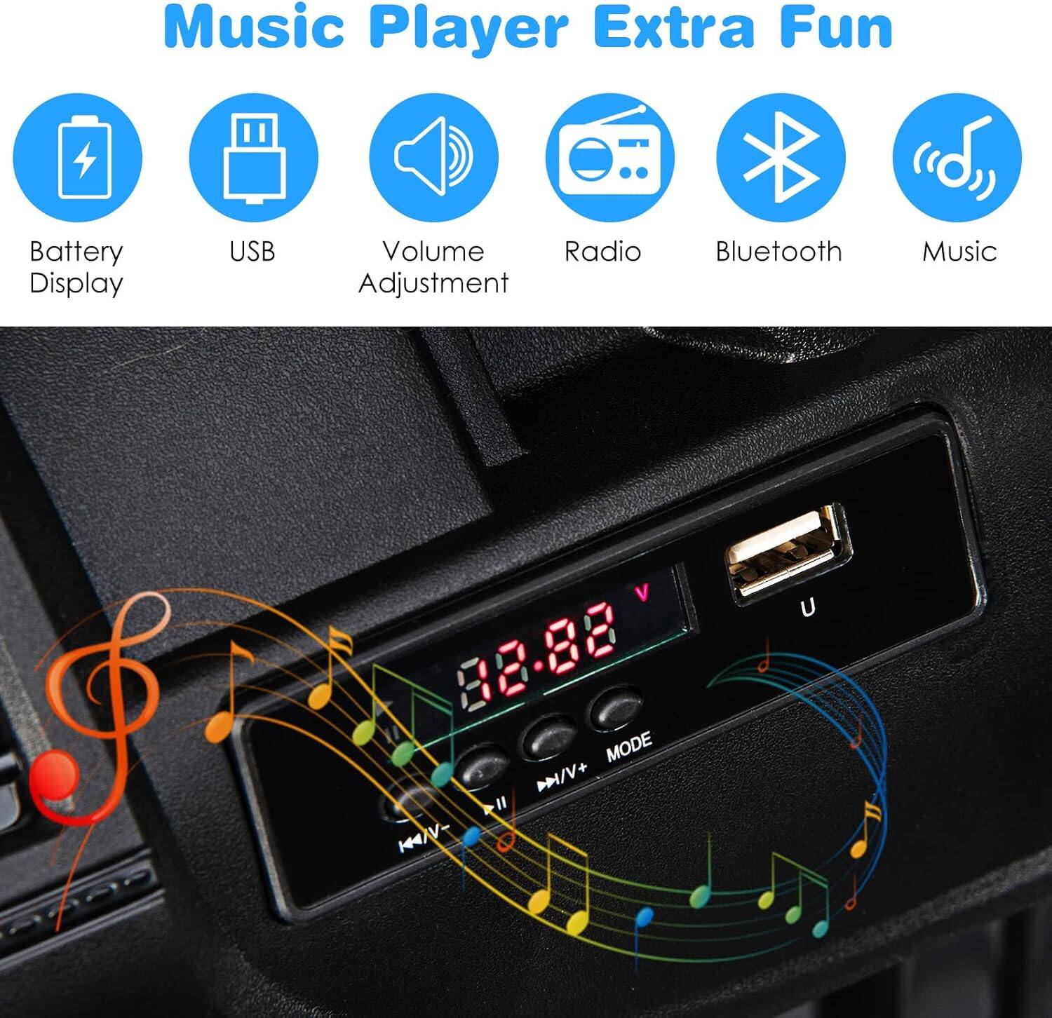 Music Player Extra Fun

- Battery Display
- USB
- Volume Adjustment
- Radio
- Bluetooth
- Music

88.88 V

MODE

U