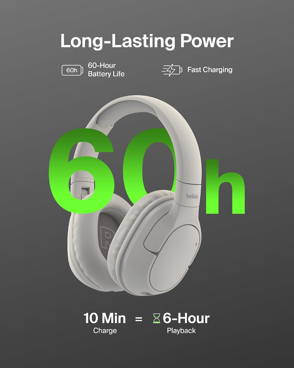 Long-Lasting Power  
60-Hour Battery Life  
Fast Charging  
10 Min = Charge  
6-Hour Playback