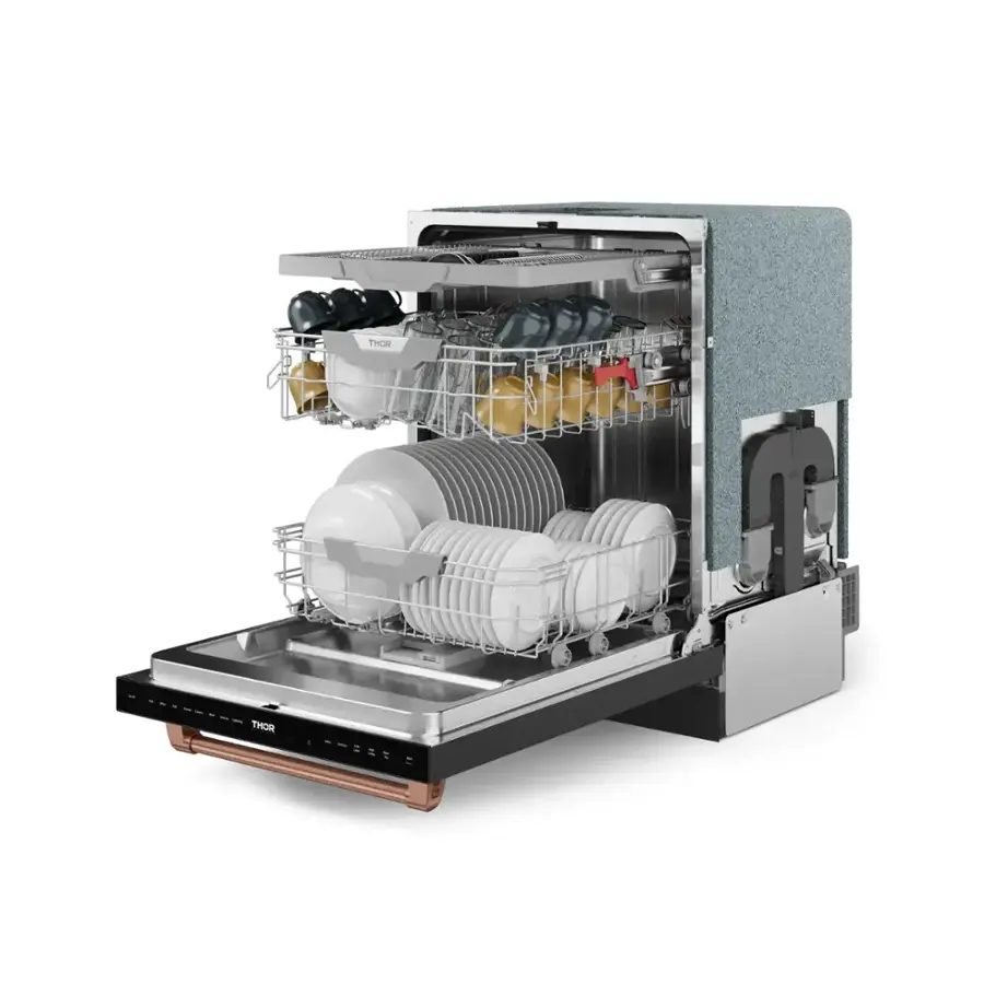 The image shows a dishwasher with a clear door, which allows you to see the dishes inside. The dishwasher is filled with various dishes, including cups, bowls, and bottles. There are a total of 13 cups, 10 bowls, and 11 bottles inside the dishwasher. The dishwasher is open, and the dishes are arranged in a way that maximizes the available space.