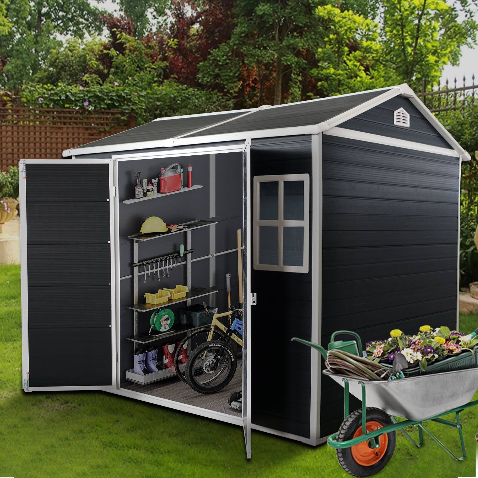 Back. Loheer - Loheer 8x4 Outdoor Resin Shed with Floor Plastic Garden Storage Shed Lockable Door for Bikes Trash Cans Black.