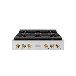 ZLINE - Autograph 36 in. Paramount Rangetop with 6 DuoPro Burners and Gold Accents (PSRTZ-36-G) - Stainless Steel