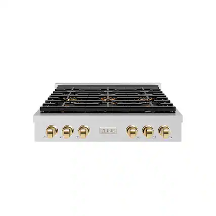 Front. ZLINE - 36 in. Wide 6 Burner AutographParamount Rangetop with with Gold Accents (PSRTZ-36-G) - Stainless Steel.