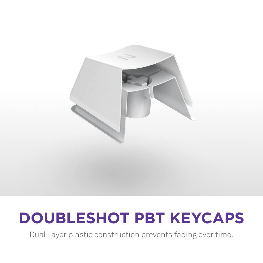 The image shows a close-up of a white keycap, which is a part of the DoubleShot PBT Keycaps. These keycaps are made of dual-layer plastic construction, which prevents fading over time.