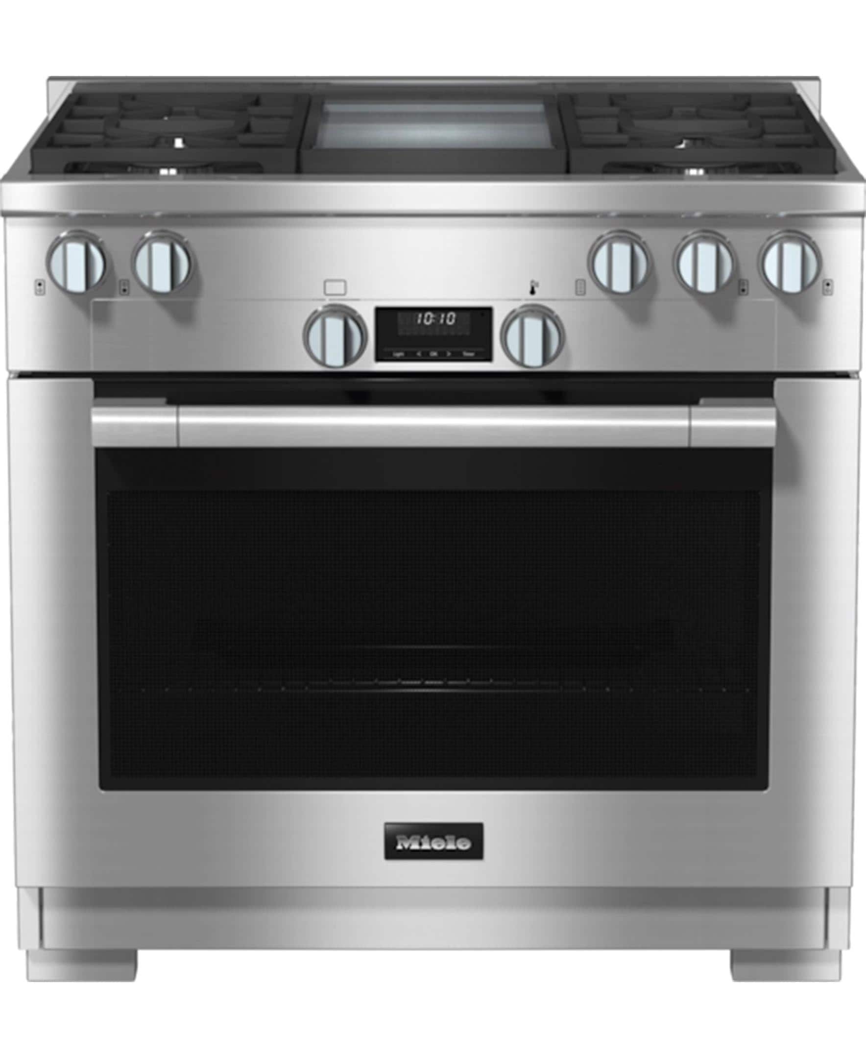 The image shows a stainless steel oven with the time 10:10 displayed on the front.