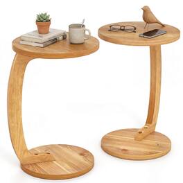 Costway - 2 PCS Round C-shaped Side Table, 24" Solid Teak Wood End Table with Thickened Top - Natural