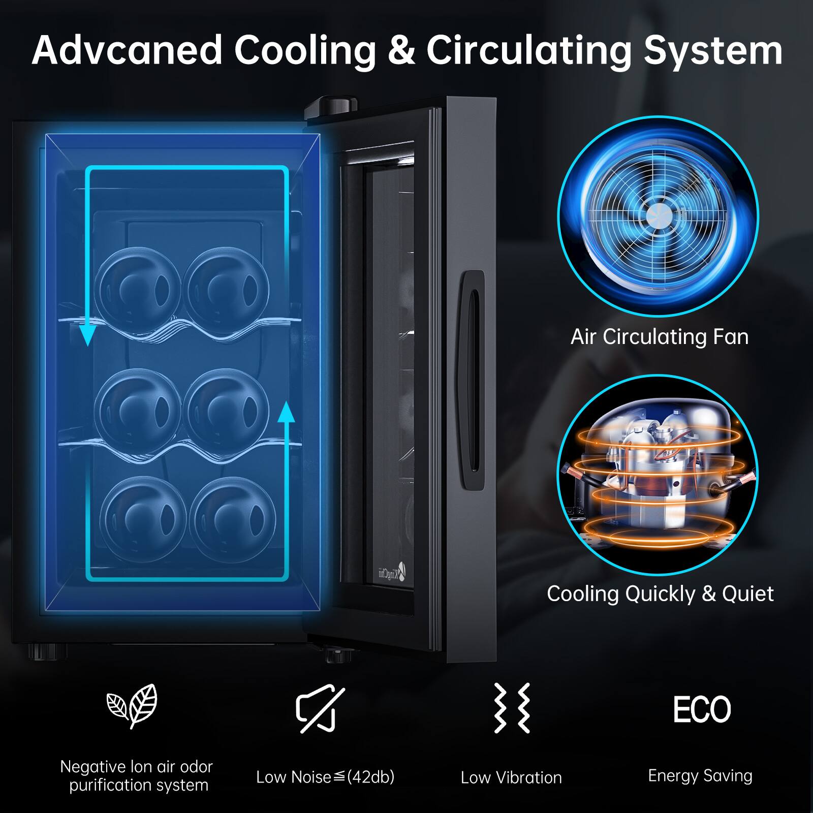 Advanced Cooling & Circulating System  
Air Circulating Fan  
Cooling Quickly & Quiet  
Negative Ion Air Odor Purification System  
Low Noise (≤42db)  
Low Vibration  
Energy Saving