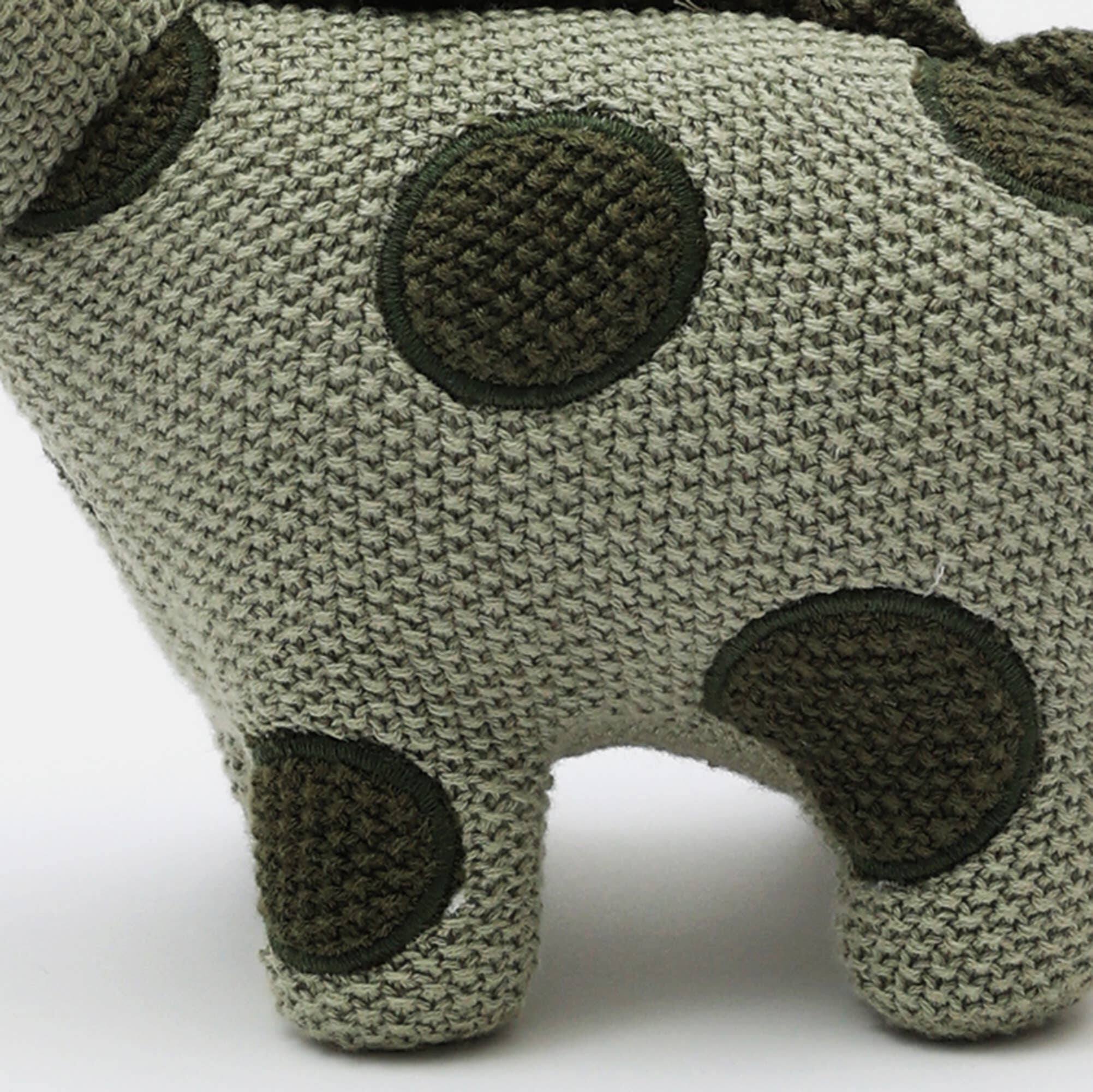 Back. Siljoy - Handmade Dinosaur Plush Toy, Dark Green Spotted, 35x13cm, 100% Cotton Filling, Polyester Exterior, Child-Safe - Beige.