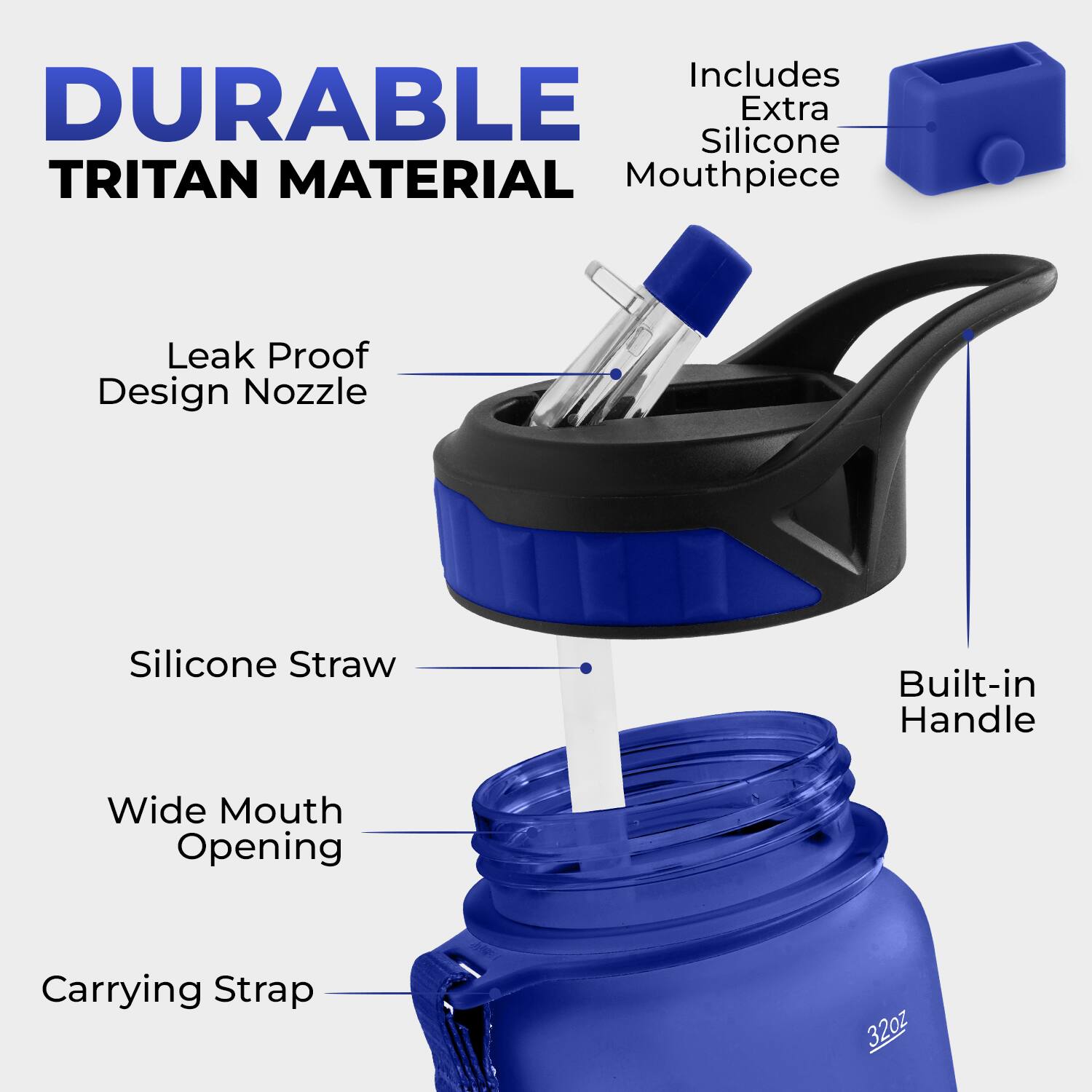 Includes DURABLE TRITAN MATERIAL Silicone Extra Mouthpiece Leak Proof Design Nozzle Silicone Straw Built-in Handle Wide Mouth Opening Carrying Strap 32oz
