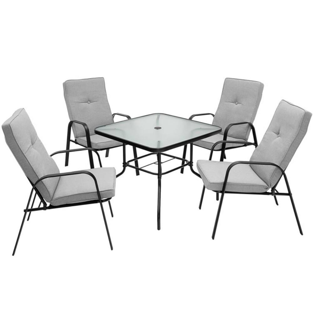 Back. Mondawe - 5 Pieces Outdoor Dining Set with 4 Stackable Chair and High-Back Cushions - Black,grey.