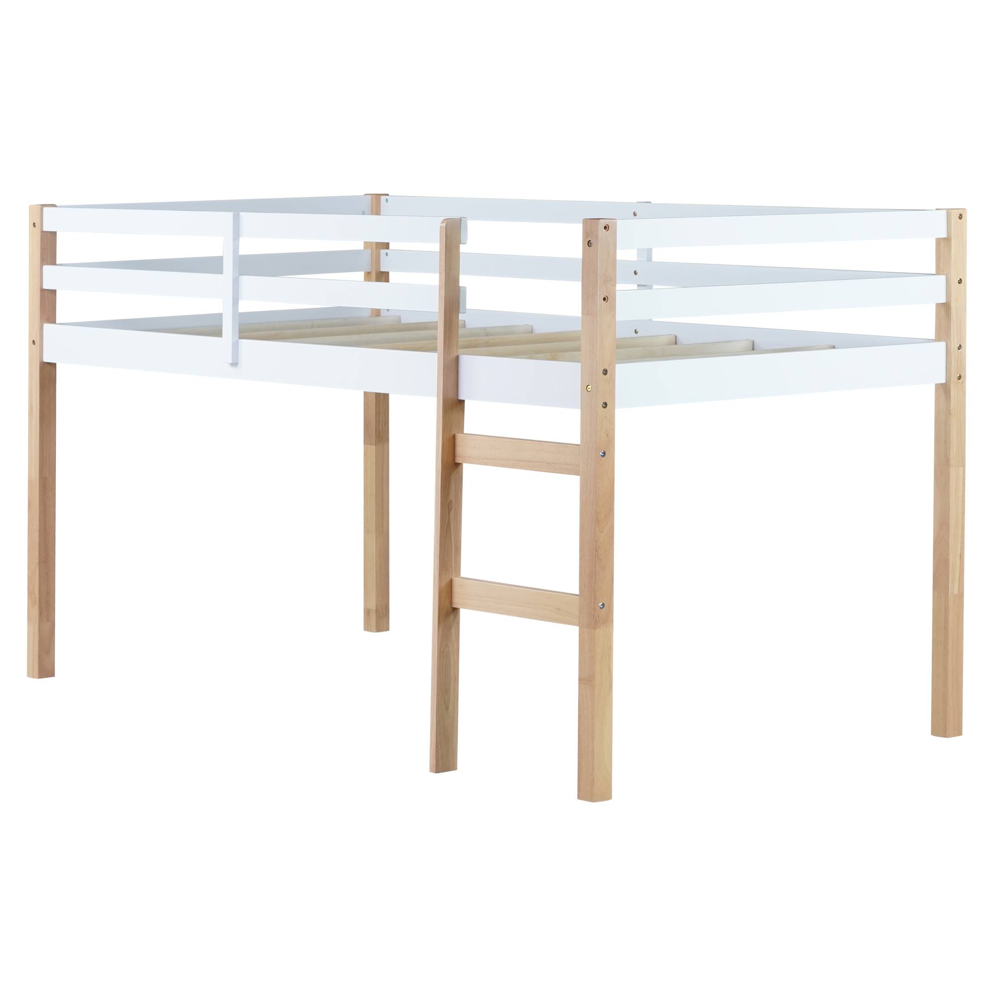 Alt View 6. GOODSILO - Solid Wood Twin Loft Bed with Ladder and Strengthened Slats for Enhanced Stability and Space Optimization - Natural+White.