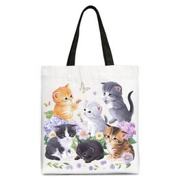 OrnamentallyYou - Cute Baby Cats Wildflower Tote Bag, Cottagecore Botanical Cat Gift Shopper - White Black