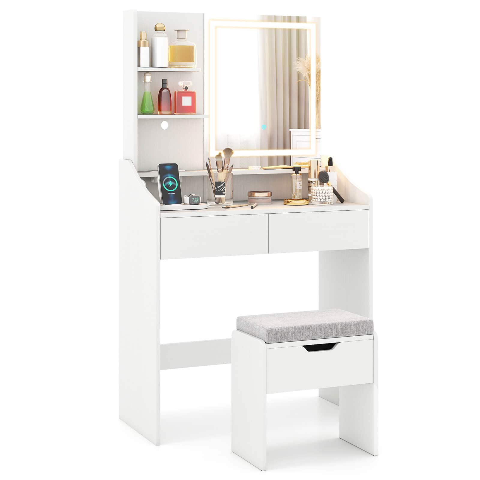 Costway - Vanity Desk with Mirror and Lights LED Lighted Makeup Table with 3 Color Modes - White