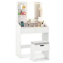 Costway - Vanity Desk with Mirror and Lights LED Lighted Makeup Table with 3 Color Modes - White