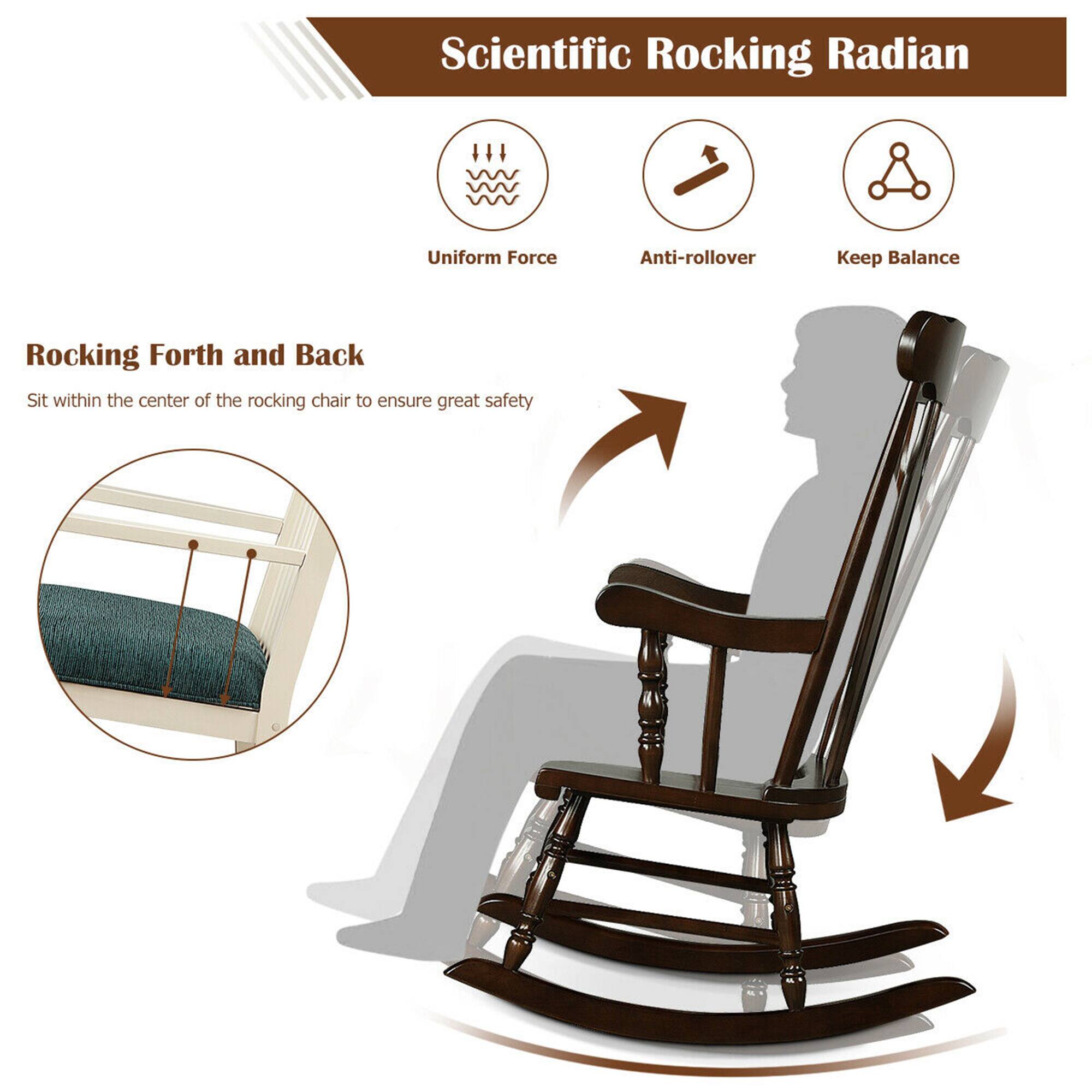 Scientific Rocking Radian

Uniform Force Anti-rollover Keep Balance

Rocking Forth and Back

Sit within the center of the rocking chair to ensure great safety