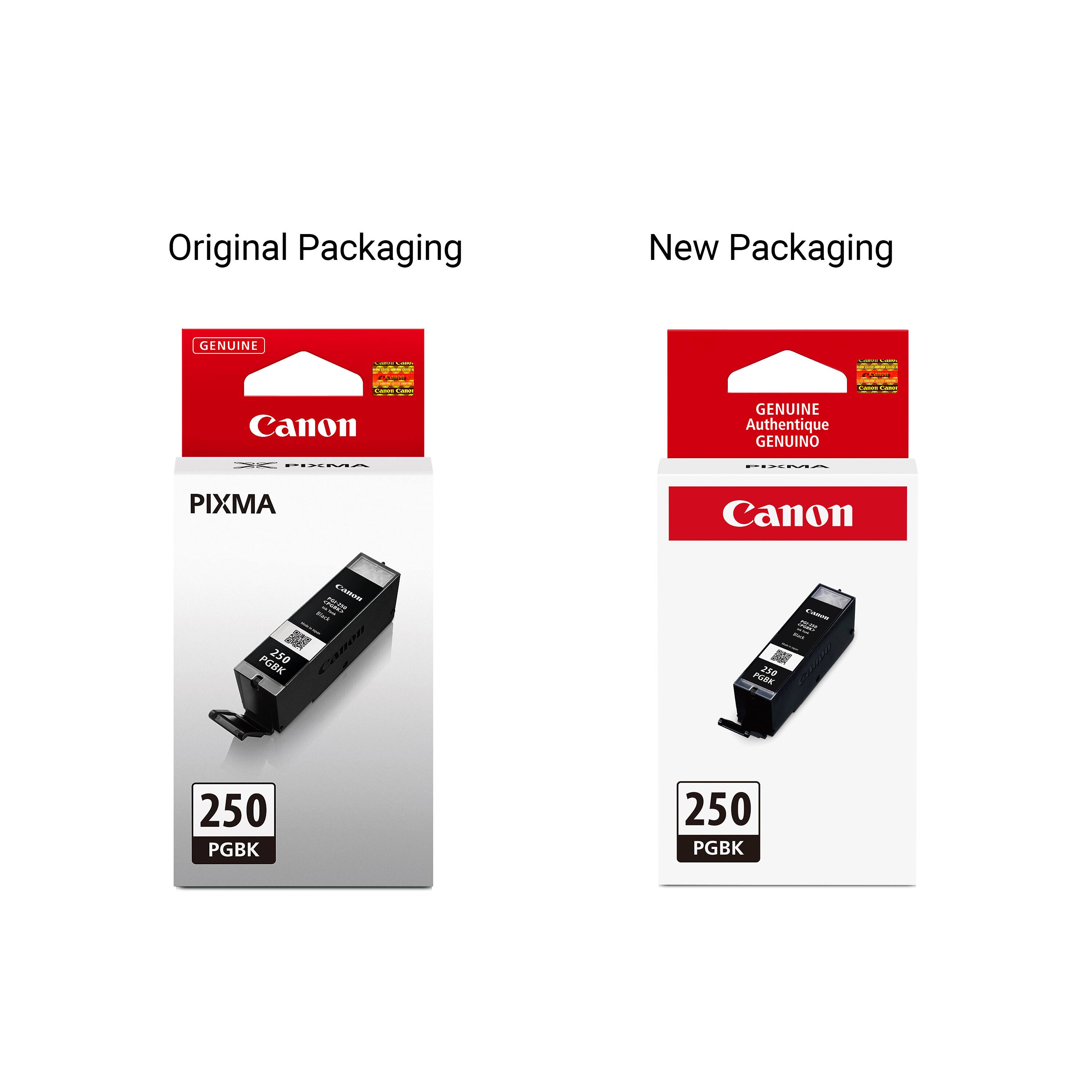 Original Packaging  
New Packaging  
GENUINE  

SANDA  
Calorie Comer  
Canon  
GENUINE Authentique GENUINO  
PIXMA  
FIXMA  
PIXMA  
Canon  
PGBK 250  
AM Canou Stark  
PCDK 250  
CAMING =  
250 PGBK  
250 PGBK
