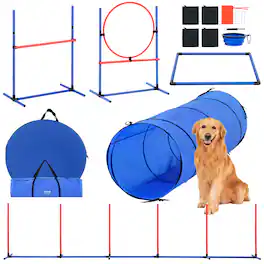 VEVOR - Dog Agility Training Equipment, 5 PCS Set with Adjustable High Hurdles,6 Weave Poles, Tunnel - Red,Blue,Black