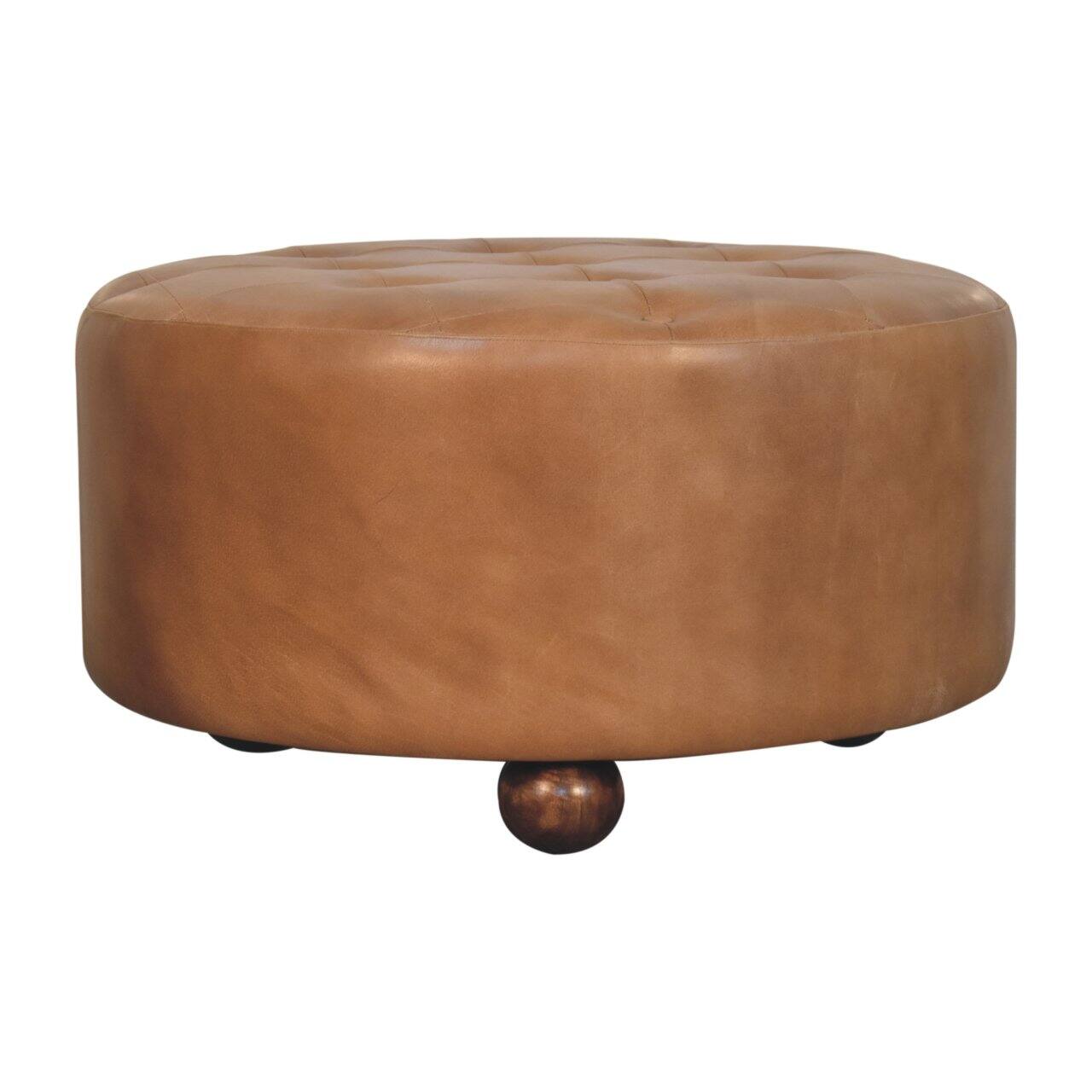 Back. Artisan Furniture - Artisan Furniture Solid Wood Brown Buffalo hide leather Round Ottoman, Upholstered, Brown Color - Brown.