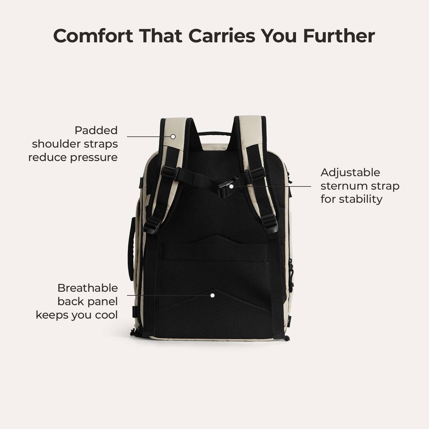 Comfort That Carries You Further

- Padded shoulder straps reduce pressure
- Adjustable sternum strap for stability
- Breathable back panel keeps you cool