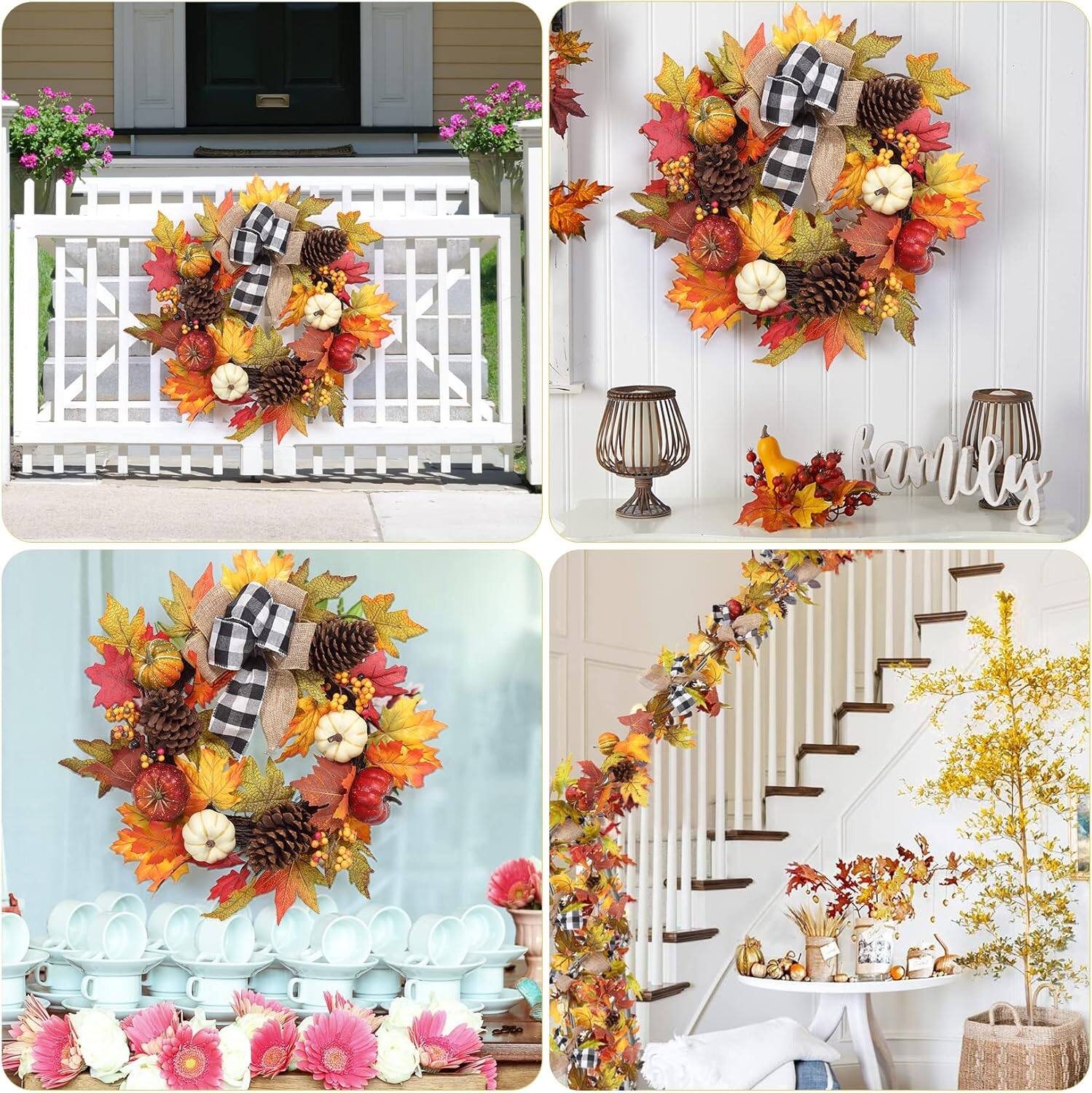 Alt View 6. GARVEE - 20" Fall Wreath for Front Door, Artificial Maple Leaves, Pumpkin, Pinecones & Berries, Black and White Plaid Ribbon - Green.