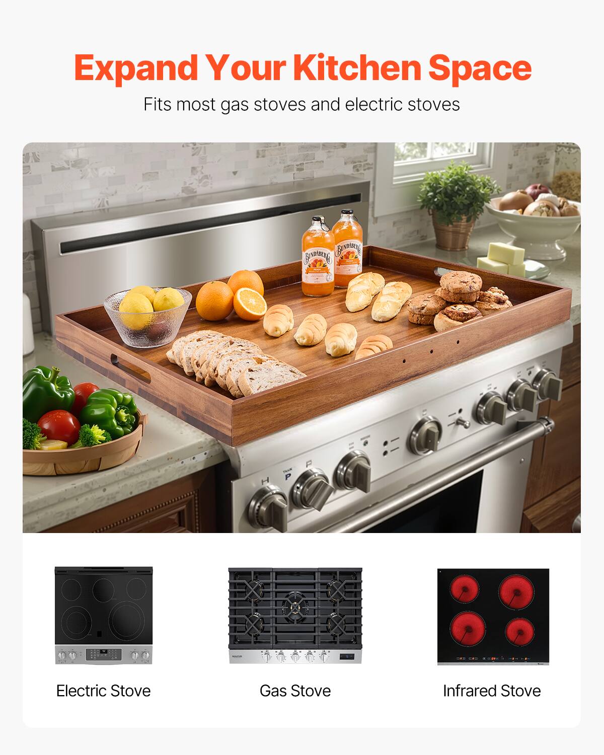 Expand Your Kitchen Space  
Fits most gas stoves and electric stoves  

Electric Stove  
Gas Stove  
Infrared Stove