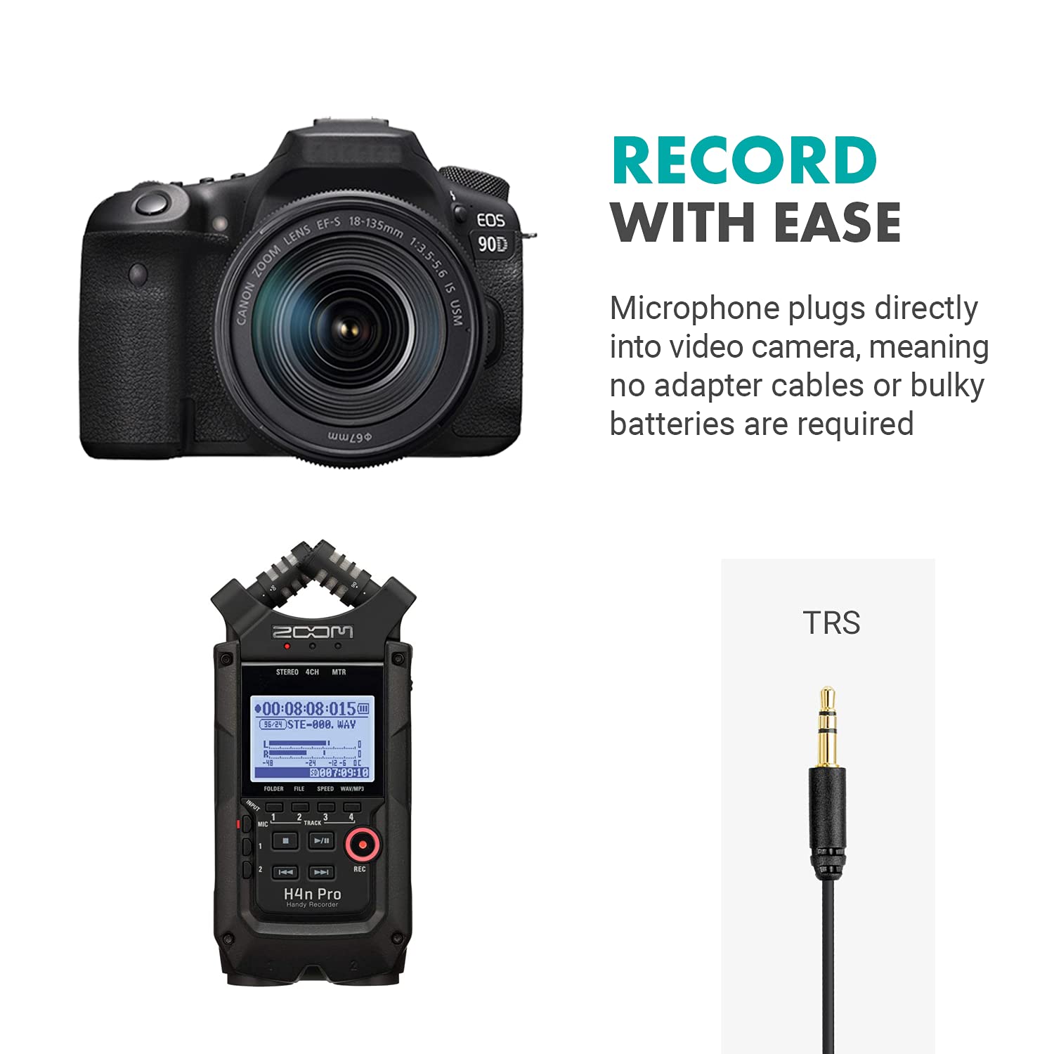 EF-S 18-135mm EOS Lens 90D  
Canon USM  
1:3.5-5.6 IS  

RECORD WITH EASE  
Microphone plugs directly into video camera, meaning no adapter cables or bulky batteries are required  

TRS