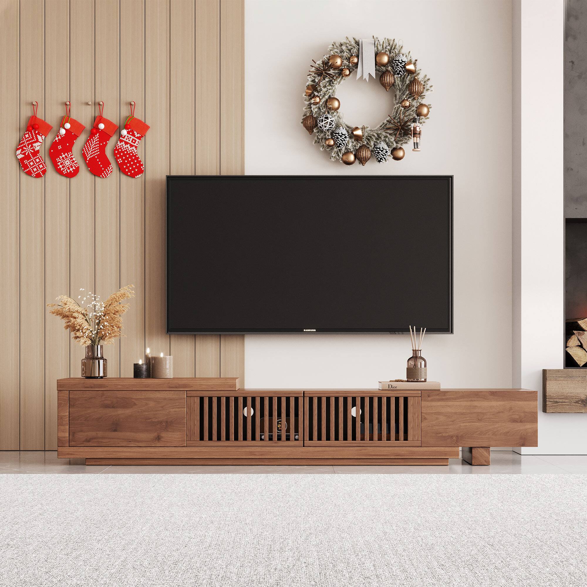 Alt View 8. luck idea - 78.54" Extendable TV stand, and Media Console & Entertainment Centers with Large Storage Space - Walnut color.