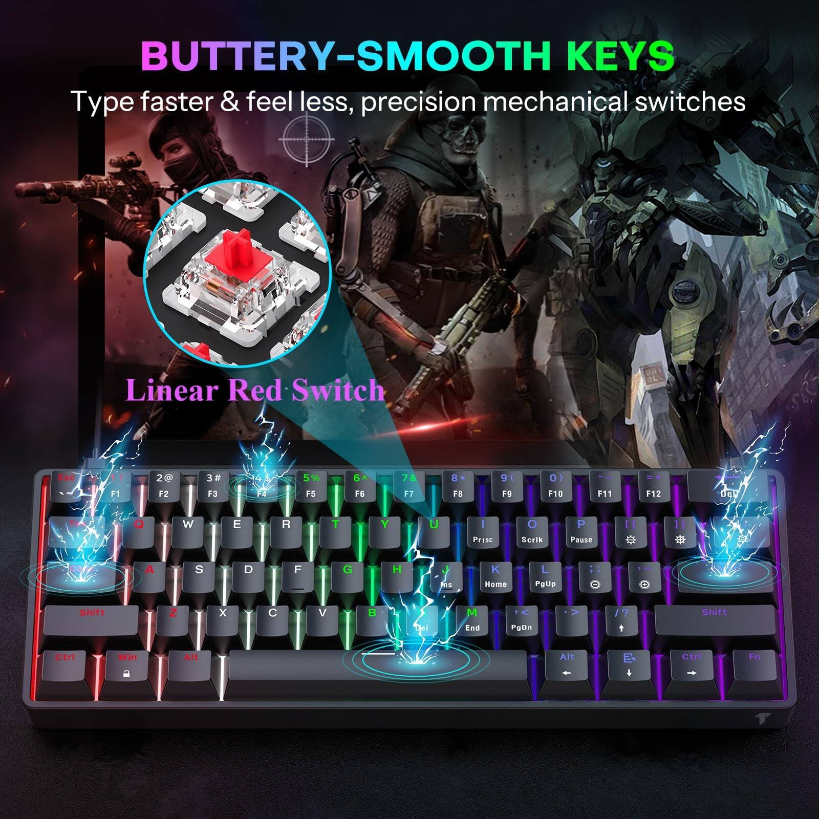 BUTTERY-SMOOTH KEYS  
Type faster & feel less, precision mechanical switches  
Linear Red Switch  

Esc F1 28 F2 3 3 A 5% FS B F6 78 17 B FB 9 r9 0) - F10 F11 F12 dEU Q W E R T Y U Prist Serik P Pause C 1 A S D F G H ME K Home L Polp Shift Z x V + 1 et M End PoDa 7 Shift Ctri Win Ait Alt Ctri Fn