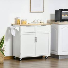 Kadyn - 41" Modern Rolling Kitchen Island on Wheels, Utility Cart Storage Trolley with Rubberwood Top & Drawers - White
